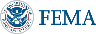 Logotipo de la FEMA - Departamento de Seguridad Nacional de los Estados Unidos rodeando un águila con círculos grises y rojos dividiendo el texto del águila