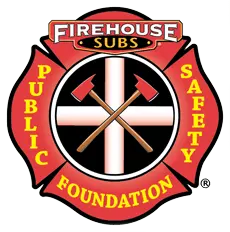 Logotipo del parque de bomberos SUBS - Fundación de Seguridad Pública en la insignia con una cruz y 2 ejes de fuego cruzados en el centro